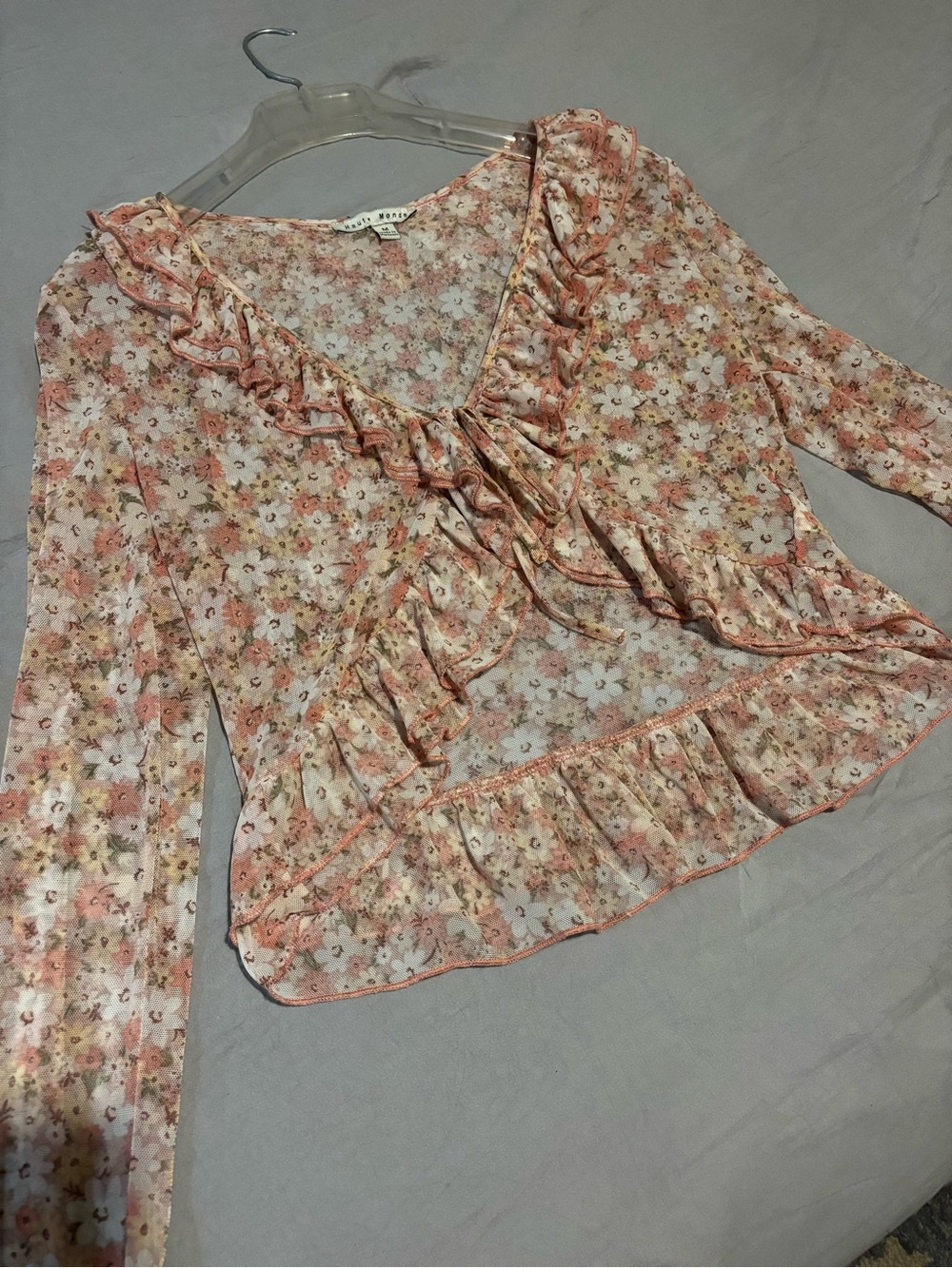 Haute Monde Peach & White Floral Ruffle V-Neck Blouse